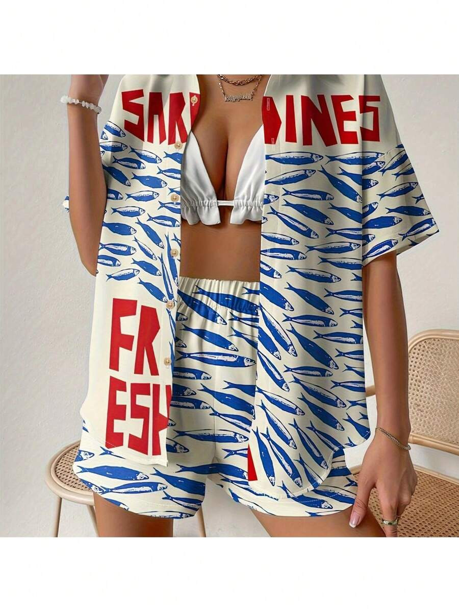 2pcs Women Letter Print Short Sleeve Shirt And Shorts Casual Suit | SHEIN