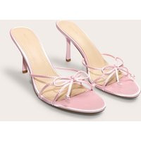 Baby Pink Satin Round Toe Bow Detail Mid Stiletto Heeled Mules | PrettyLittleThing UK