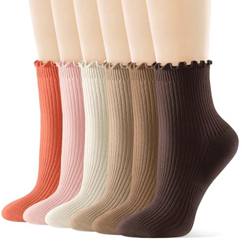 FITRELL 6 Pairs Ruffle Socks, Womens Soft Breathable Cute Lettuce Ankle Crew Frilly Socks, Small, Dark Brown+Brown+khaki+Cream+Light Pink+Orange | Amazon (US)