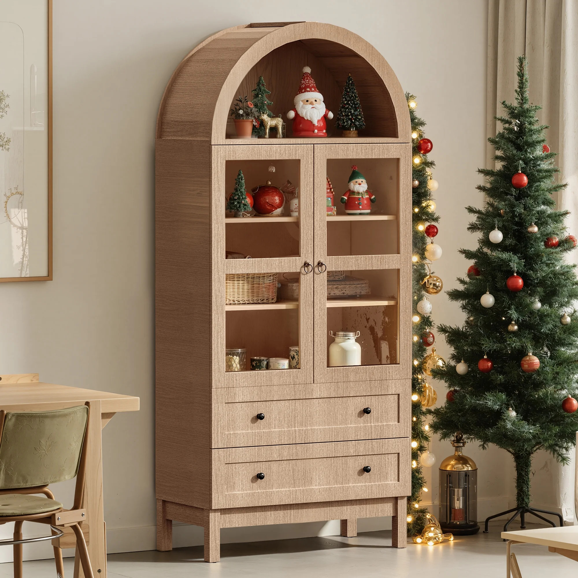 71" Tall Arched Kitchen Pantry, Storage Cabinet with Glass Doors, 2 Large Drawers & 3 Adjustable ... | Walmart (US)