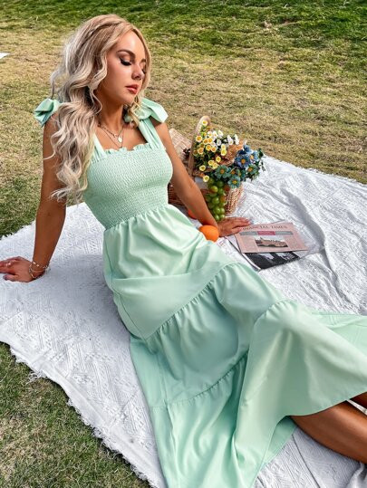 Tie Shoulder Shirred Ruffle Hem Cami Dress | SHEIN