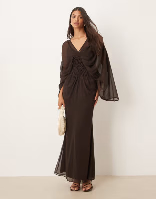 ASOS DESIGN plunge cape sleeve maxi dress with honeycomb shirring detail in chocolate | ASOS (Global)