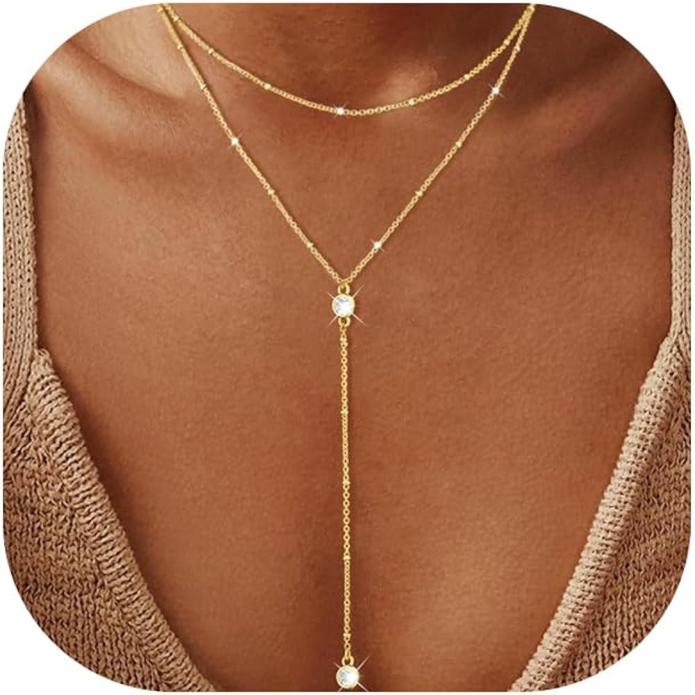 iF YOU Lariat Gold Long Necklaces for Women Trendy, Dainty 14K Gold Plated Drop Chain Necklace, L... | Amazon (US)