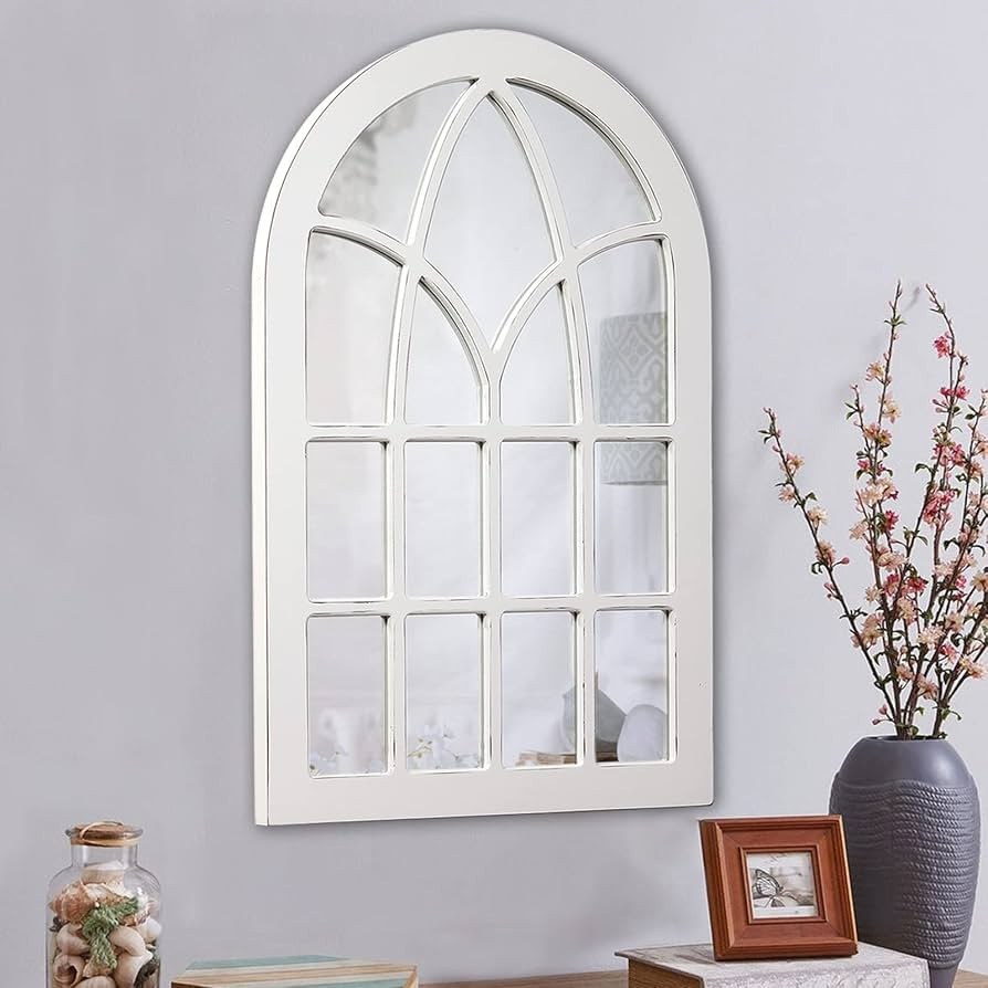 Farmhouse Large Arched Window Pane Mirror Wall Decor 36 x 24 inch, Hanging Rustic White Mirror Wi... | Amazon (US)