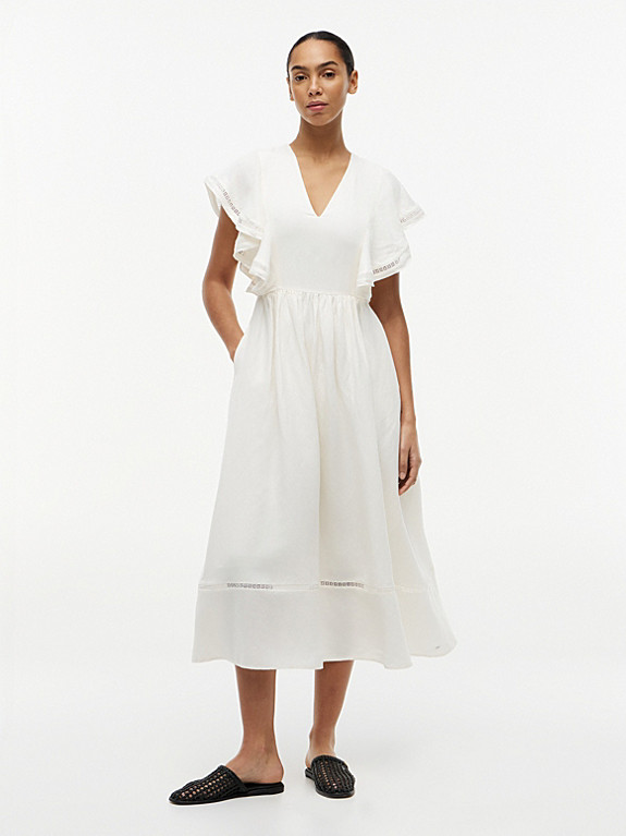 Linen Blend Frill Sleeve Midi Dress | White | Tommy Hilfiger | Tommy Hilfiger UK