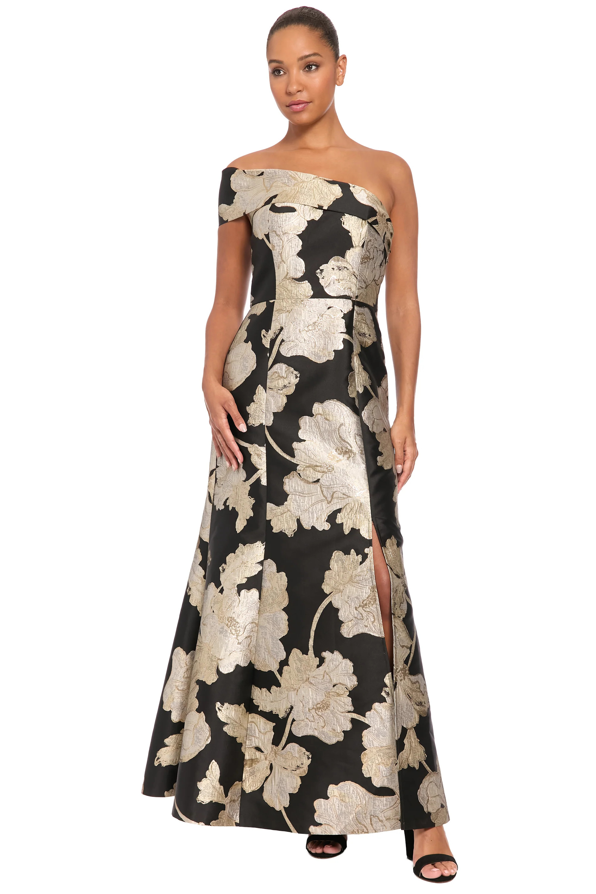 Reya Off the Shoulder Gown in Metallic Floral Jacquard | Maggy London