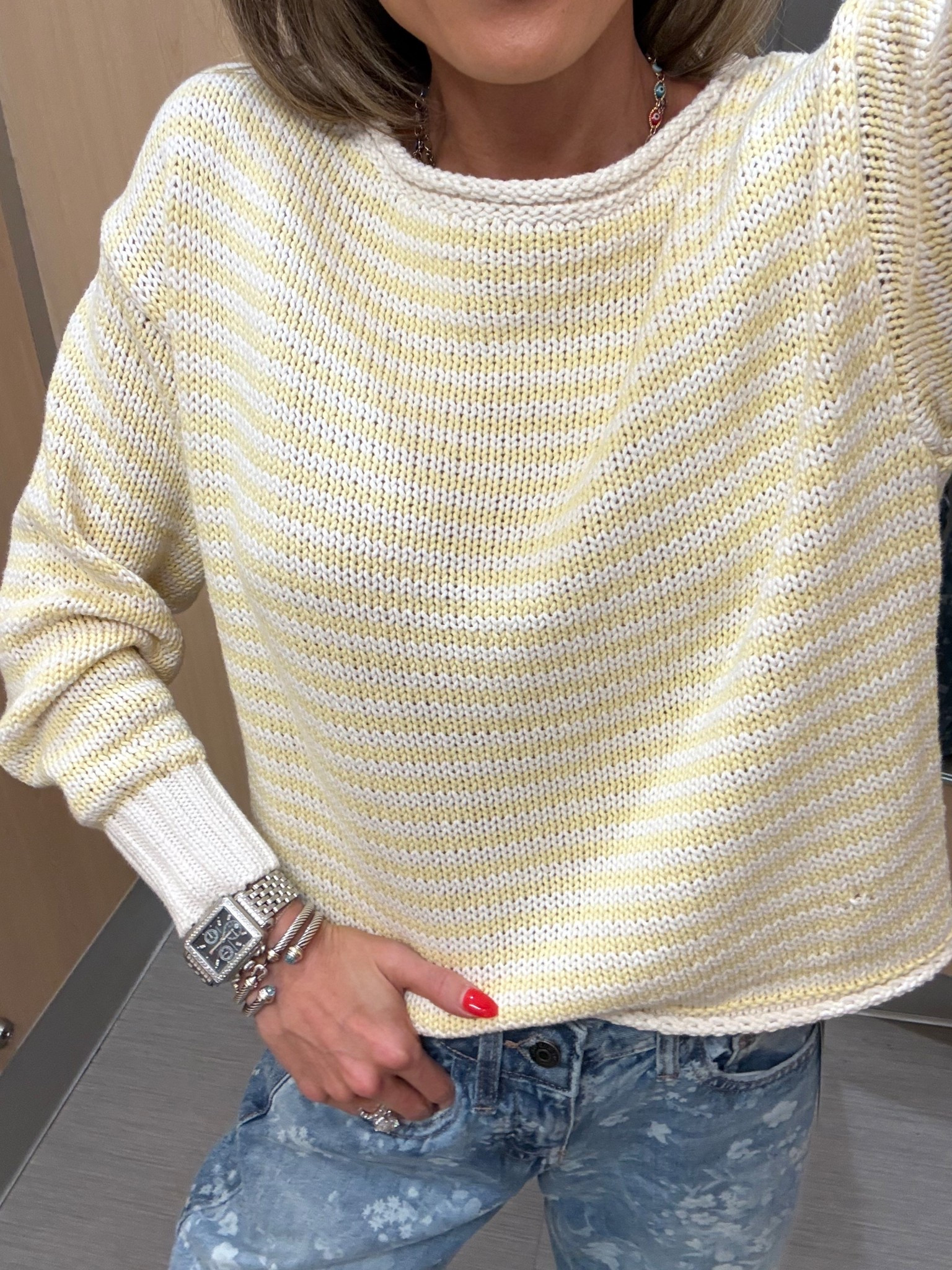 Butter yellow stripe sweater size xs 

#LTKSeasonal #LTKPetite