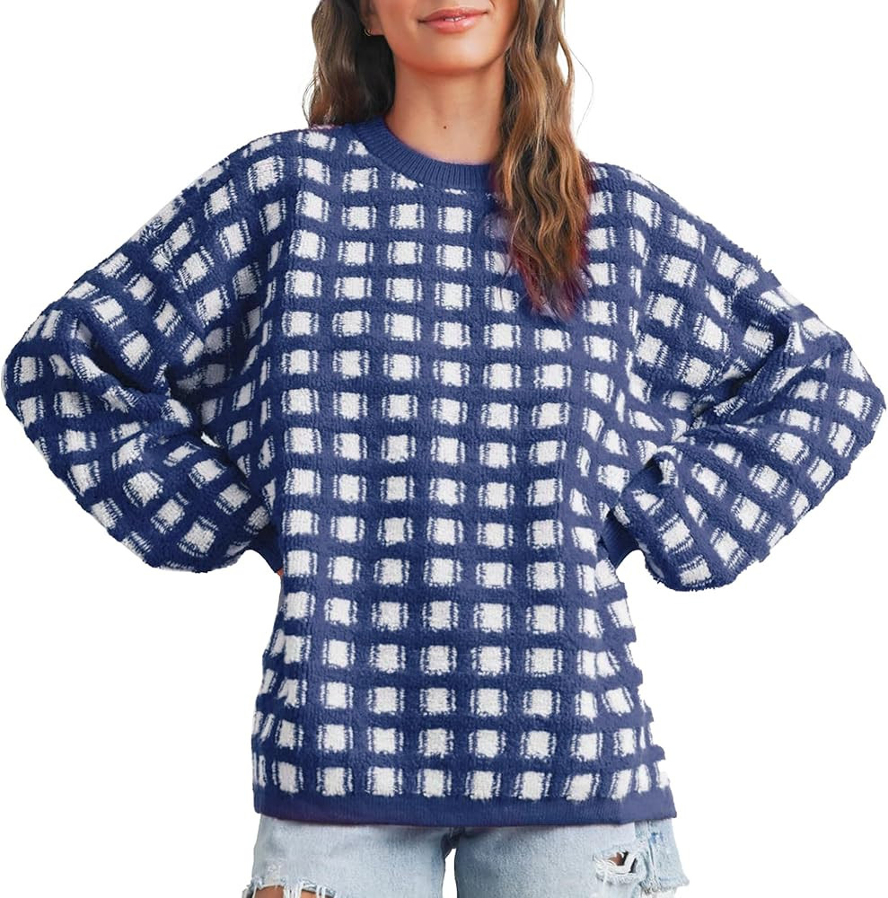 Hixiaohe Oversized Checkered Sweater for Women Trendy Pullover Sweaters Casual Long Sleeve Ribbed... | Amazon (US)