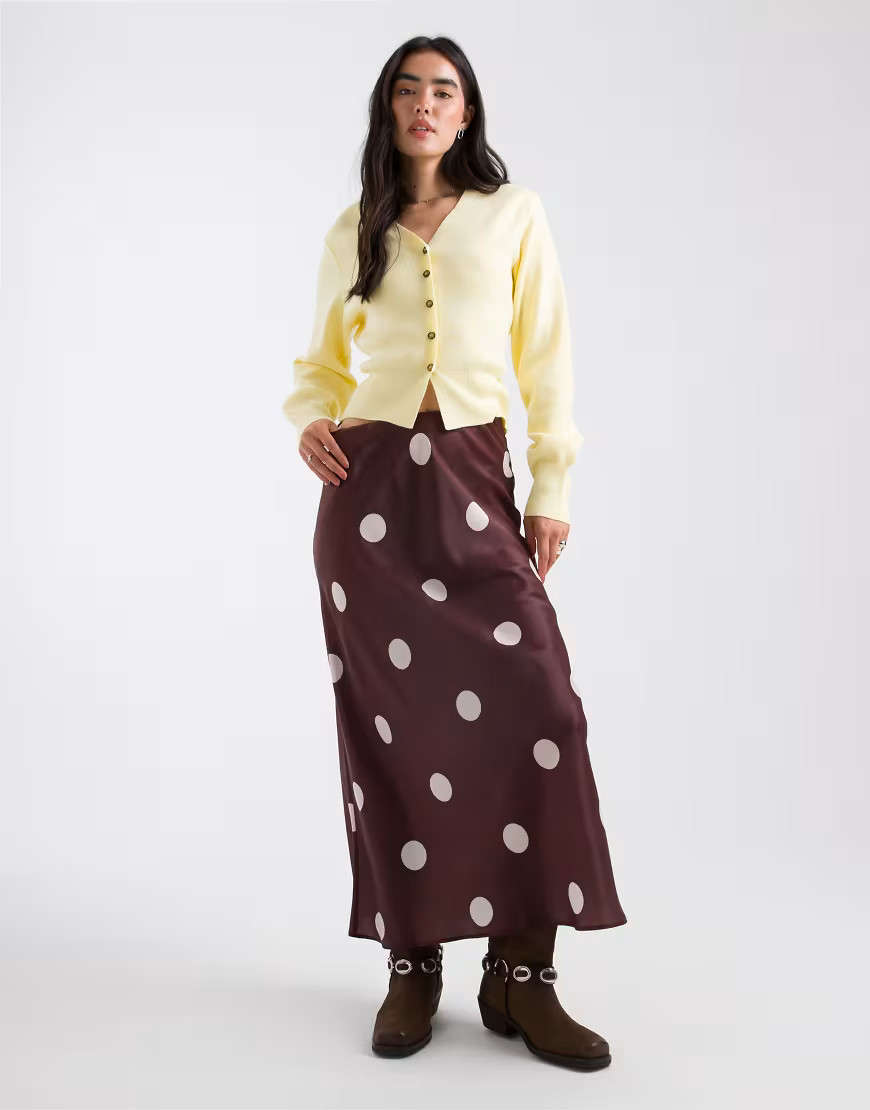 ASOS DESIGN low rise satin maxi skirt in chocolate polka dot-Brown | ASOS (Global)