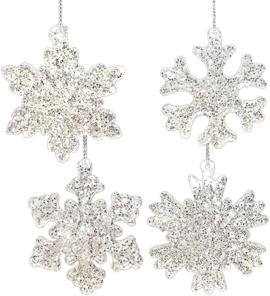 Snowflake Christmas Ornaments - Set of 4 Silver Glitter Glass Snowflakes - 4 Styles - Xmas Tree D... | Amazon (US)