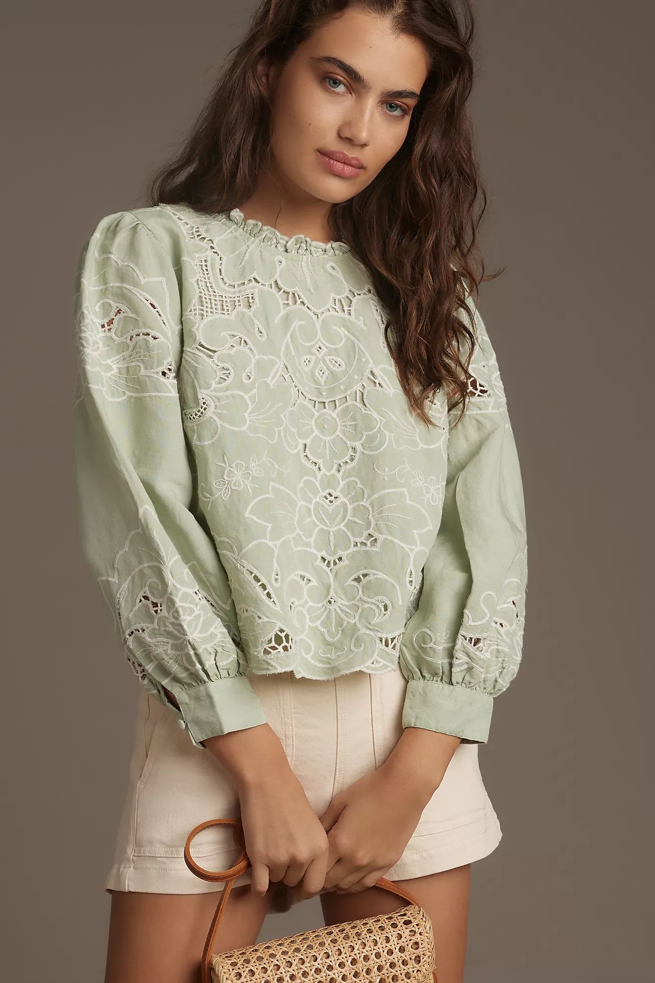 The Lainie Long-Sleeve Lace Cutwork Blouse | Anthropologie (US)