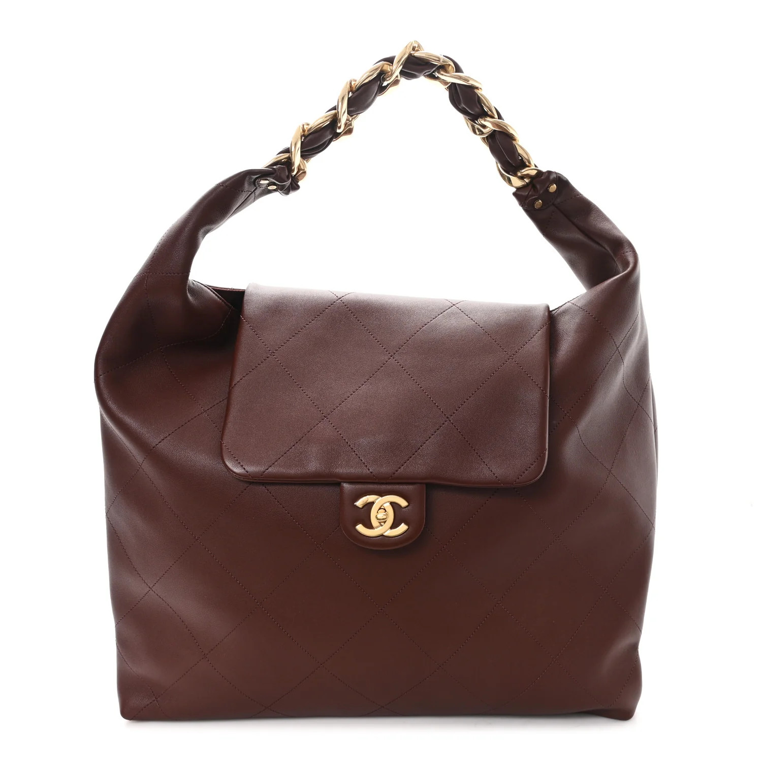 Shiny Calfskin Quilted Maxi Chain Hobo Dark Brown | FASHIONPHILE (US)