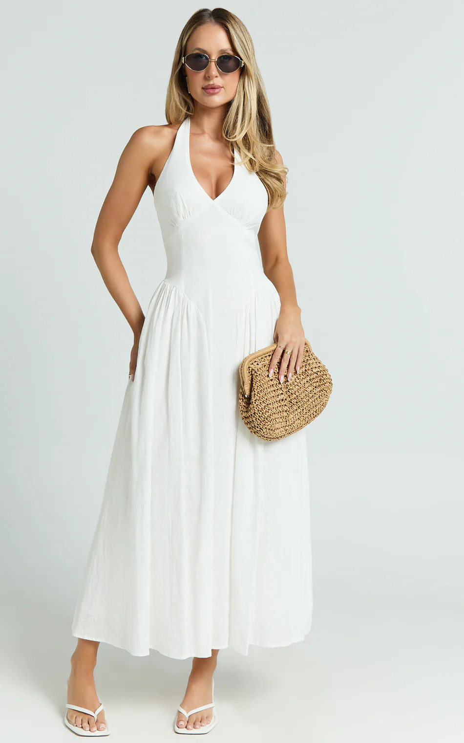 Athena Midi Dress - Halter Drop Waist Dress in White | Showpo (US, UK & Europe)
