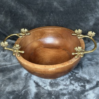 Vintage Wooden Decorative Bowl with Brass Acorn Design Handles 1980’s Rare | eBay US