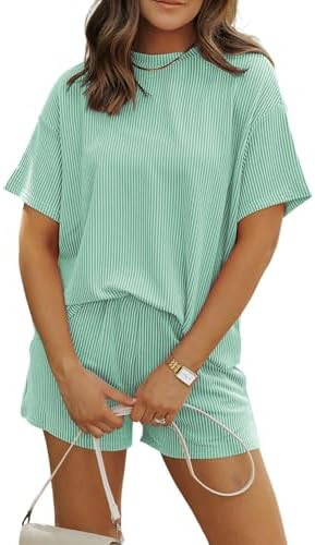 MARZXIN Women 2 Piece Shorts Set 2026 Casual Summer Cruise Outfits Ribbed Loose Short Sleeve Pock... | Amazon (US)