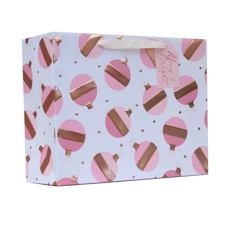 Large Pink and Rose Gold Metallic Ornaments Christmas Paper Gift Bag, 12.75" x 4.5" x 10", by Hol... | Walmart (US)