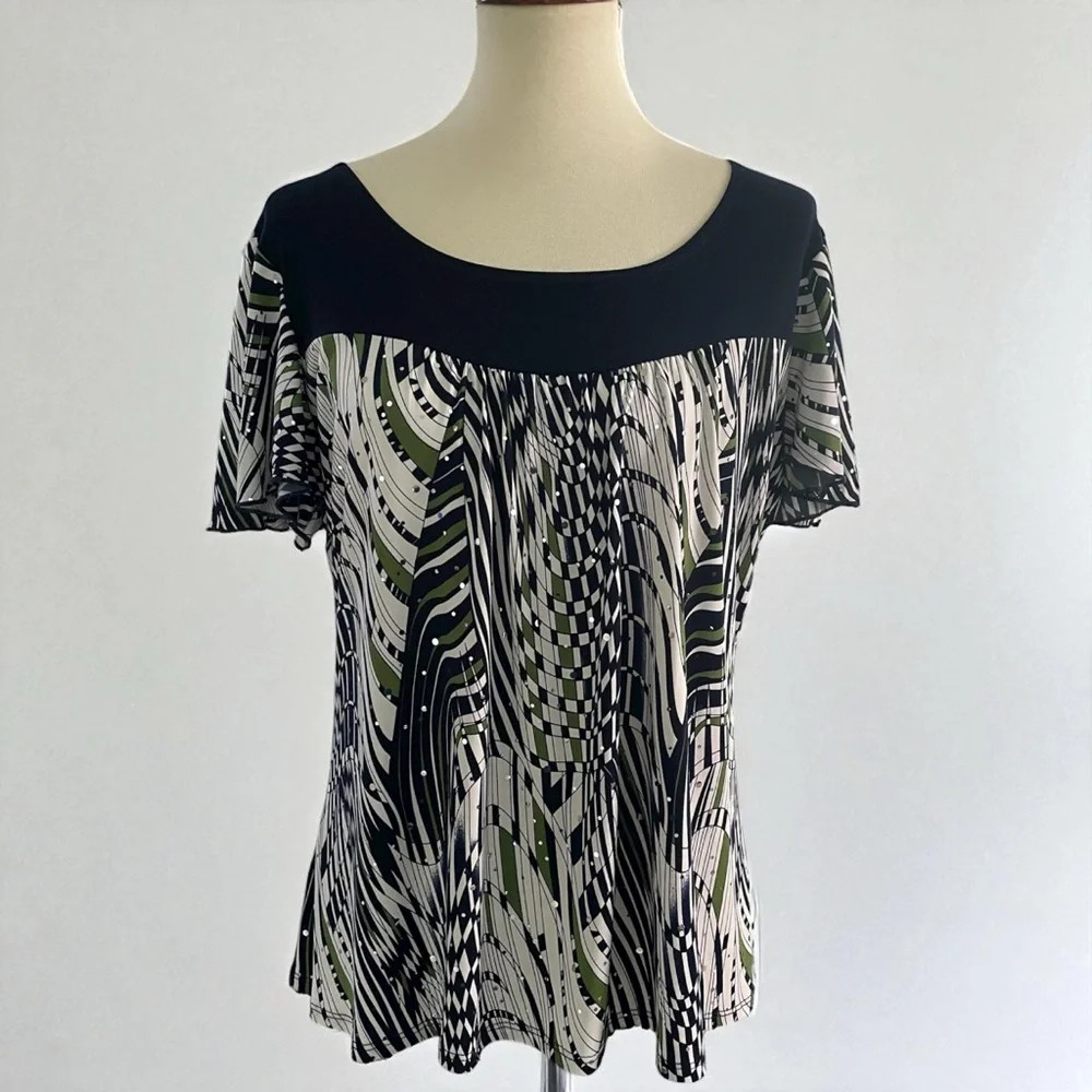 Dressbarn Abstract Navy, White, and Green\u200e Blouse * Size XL | Poshmark