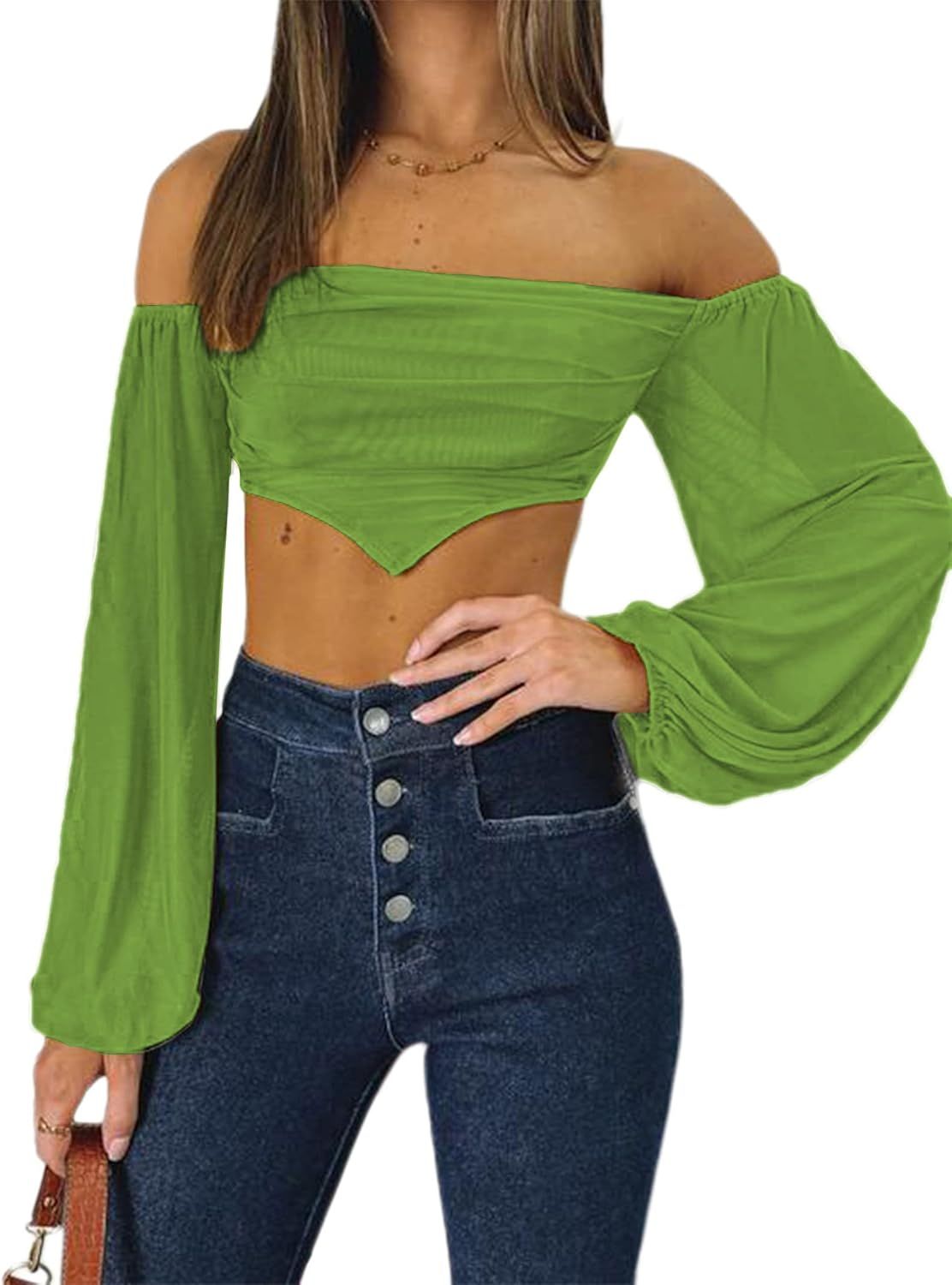 Avanova Women's Off Shoulder Asymmetrical Hem Slim Fit Long Sleeve Crop Top | Amazon (US)