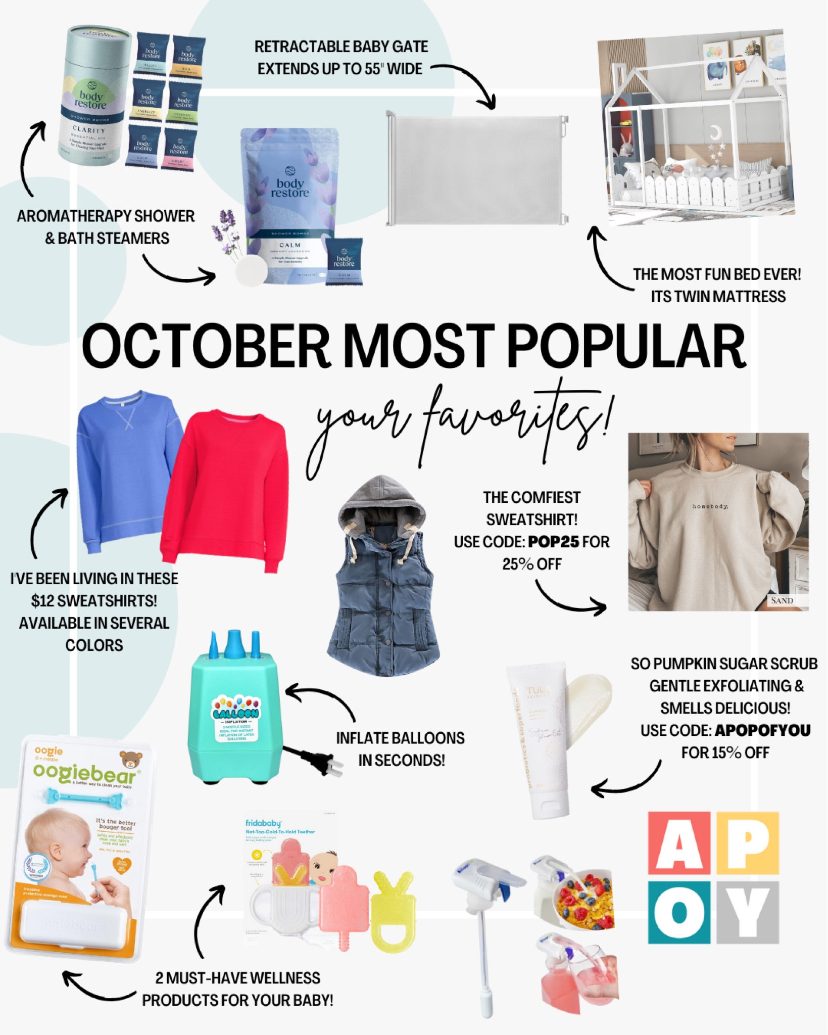 Roundup of October favorites!

For kids: FridayBaby frozen teethers, OogieBear Nose and Ear Cleaning Tool

For moms: Body Restore shower steamers, Homebody crewneck, Amazon oversized puffer vest, Tula Pumpkin Exfoliating Sugar Scrub, and $12 Walmart sweatshirts 🙌🏼

For the home: Retractable baby gate, twin size house bed, balloon inflator, and The Magic Tap Milk Dispenser

#LTKhome #LTKkids #LTKbaby