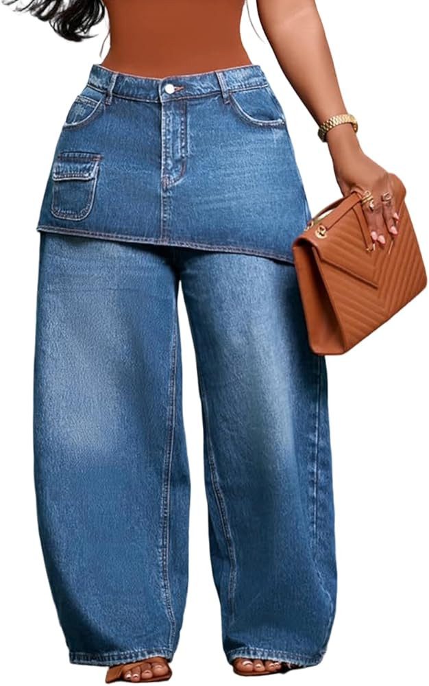 Unybwonn Women Baggy Cargo Jeans High Waisted Wide Leg Patchwork Stretchy Denim Pants Double Wais... | Amazon (US)