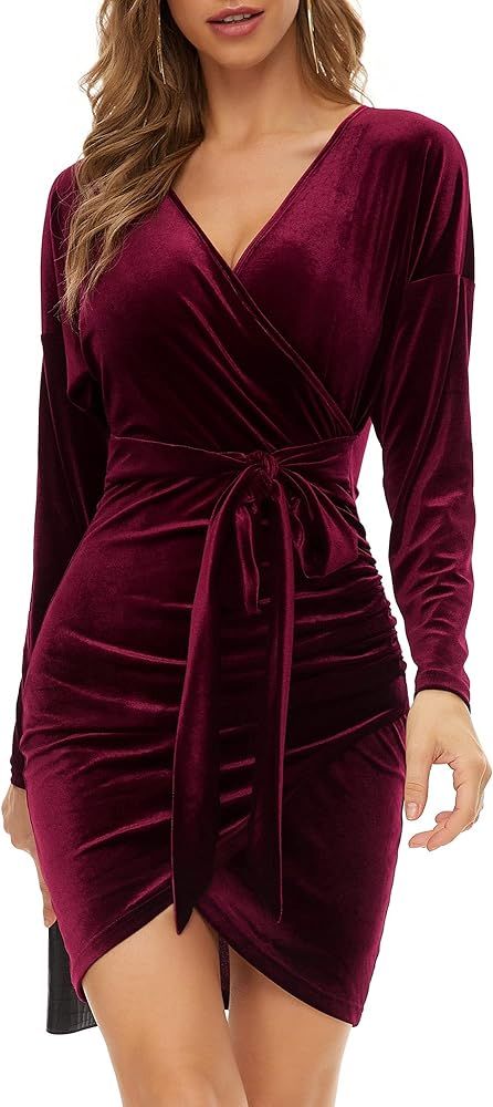 ZABERRY Women Long Sleeve Wrap V Neck Velvet Sexy Bodycon Cocktail Dress with Belt | Amazon (US)