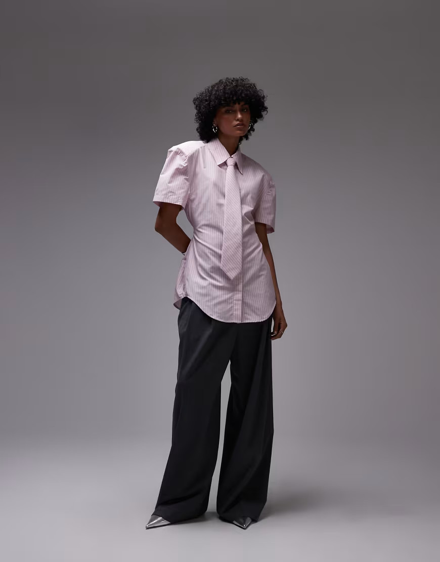 ASOS DESIGN shoulder pad short sleeve shirt with tie in pink stripe | ASOS (Global)