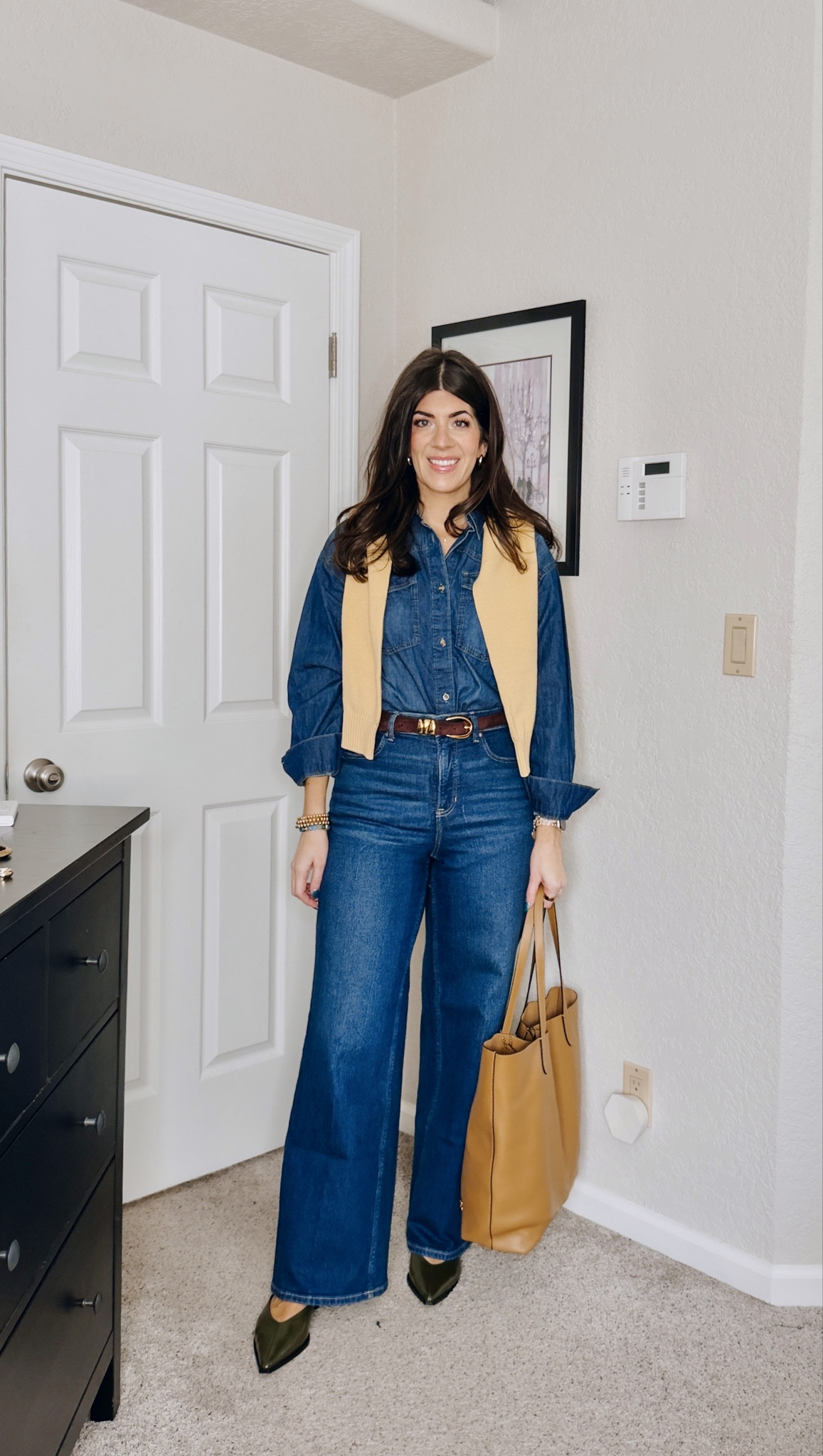 What I wore to work
Denim shirt-medium
Wide leg shaping jeans- medium
Sweater-medium 

#LTKTall #LTKWorkwear #LTKMidsize