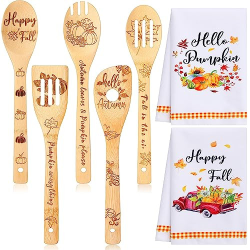 Minatee 7 Pcs Fall Kitchen Decor Set, Including 2 Pcs Autumn Kitchen Towels Funny Dish Towel and 5 Pcs Wooden Spoons Bamboo Utensils Gifts for Housewarming Friends Families | Amazon (US)