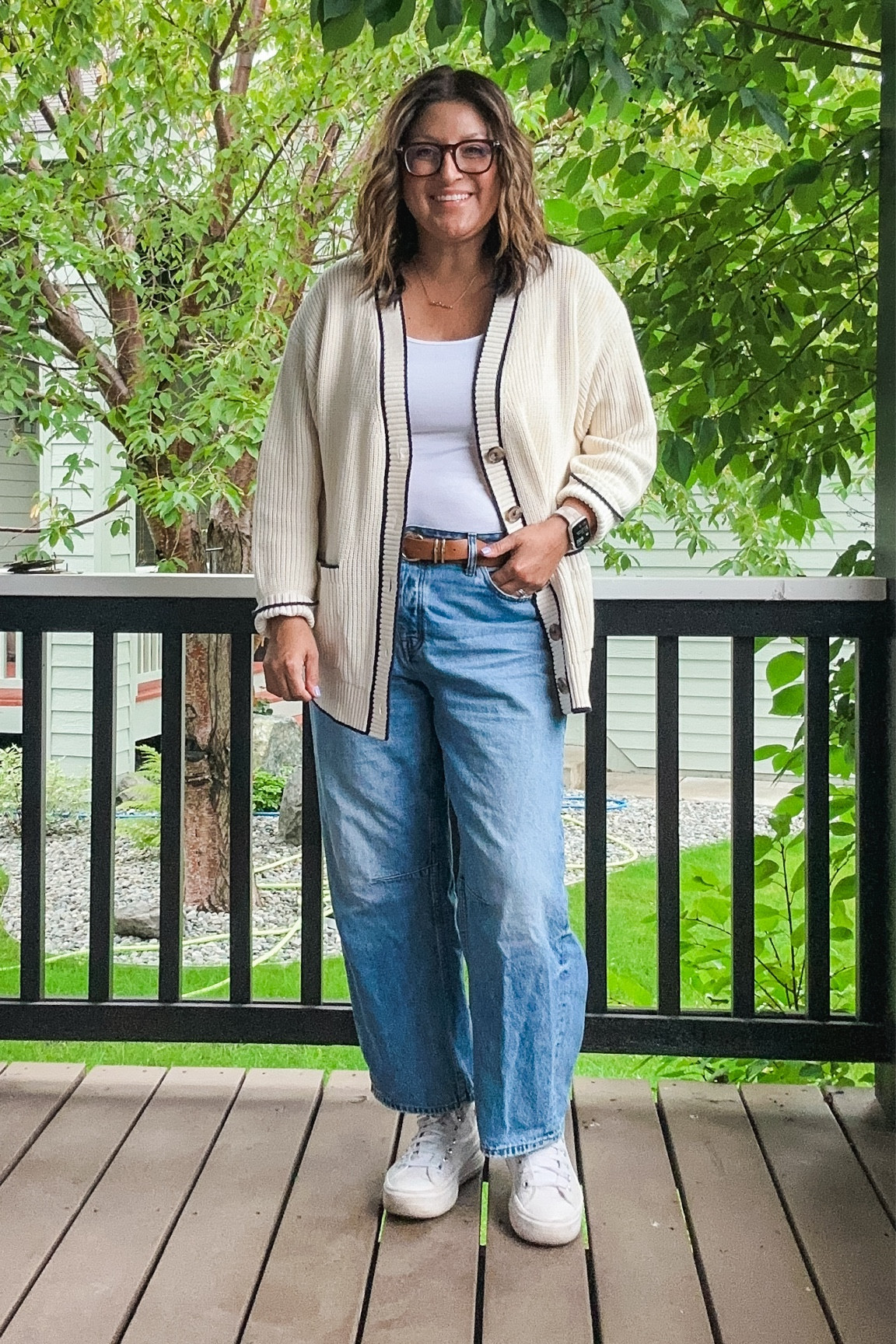 Teacher workday ootd. Old navy cardigan (XL), Duluth trading company tank (L), Madewell barrel leg jeans (31), Amazon belt (XL), Converse high tops 

#LTKMidsize #LTKSaleAlert #LTKOver40