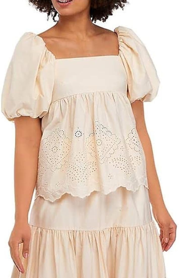 MOON RIVER Women's Square Neck Eyelet Top W/Back Tie | Amazon (US)