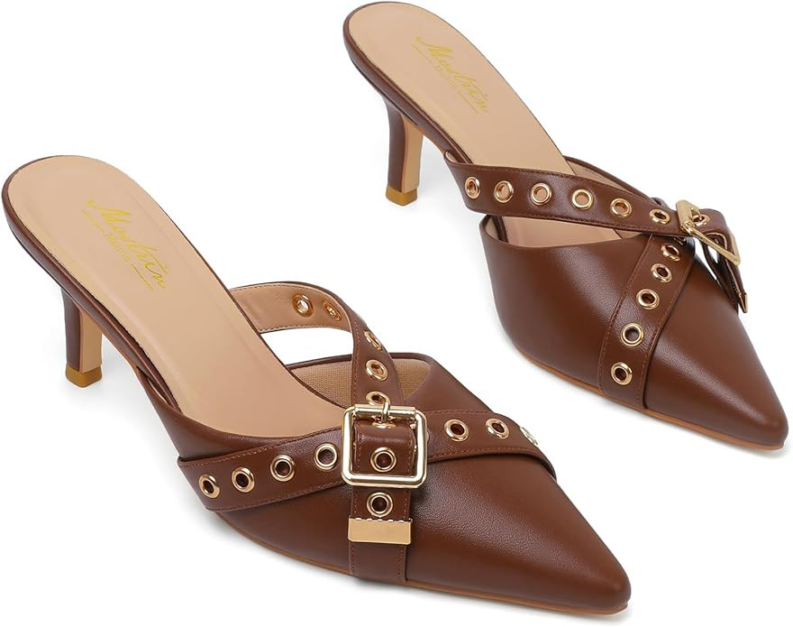 Mostrin Kitten Mules Heels for Women Pointed Closed Toe Heels Vintage Slip on Stiletto Dressy Pum... | Amazon (US)