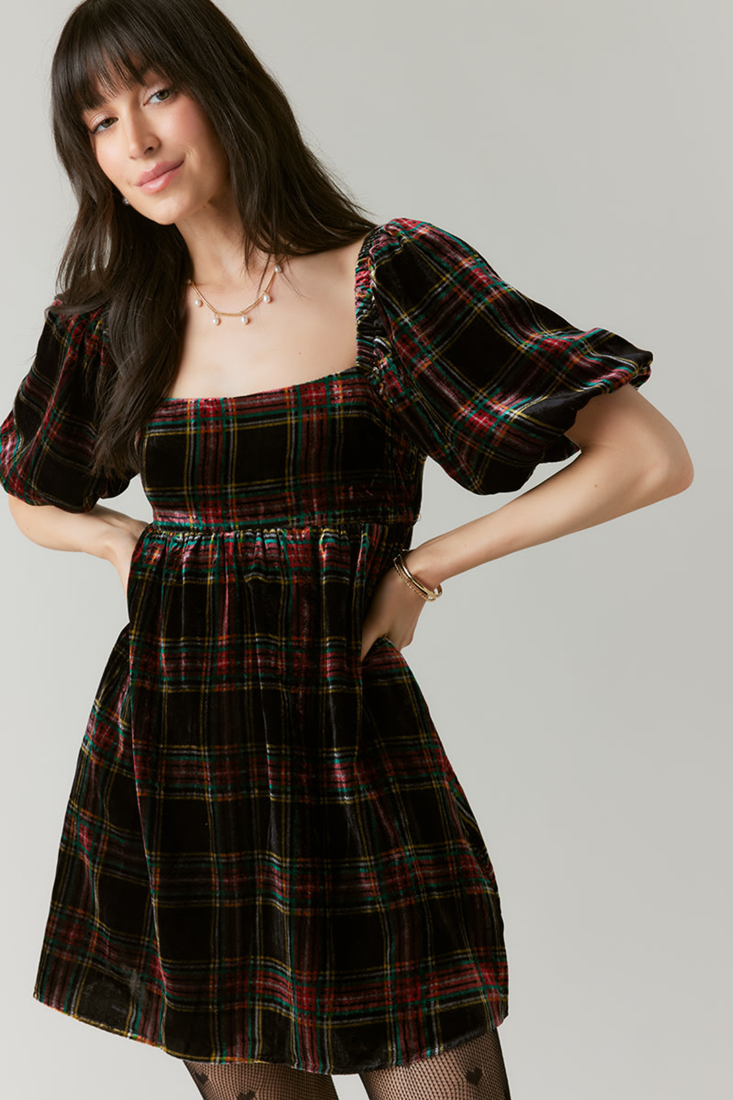 Grace Plaid Velvet Tie Back Mini Dress | Francesca's