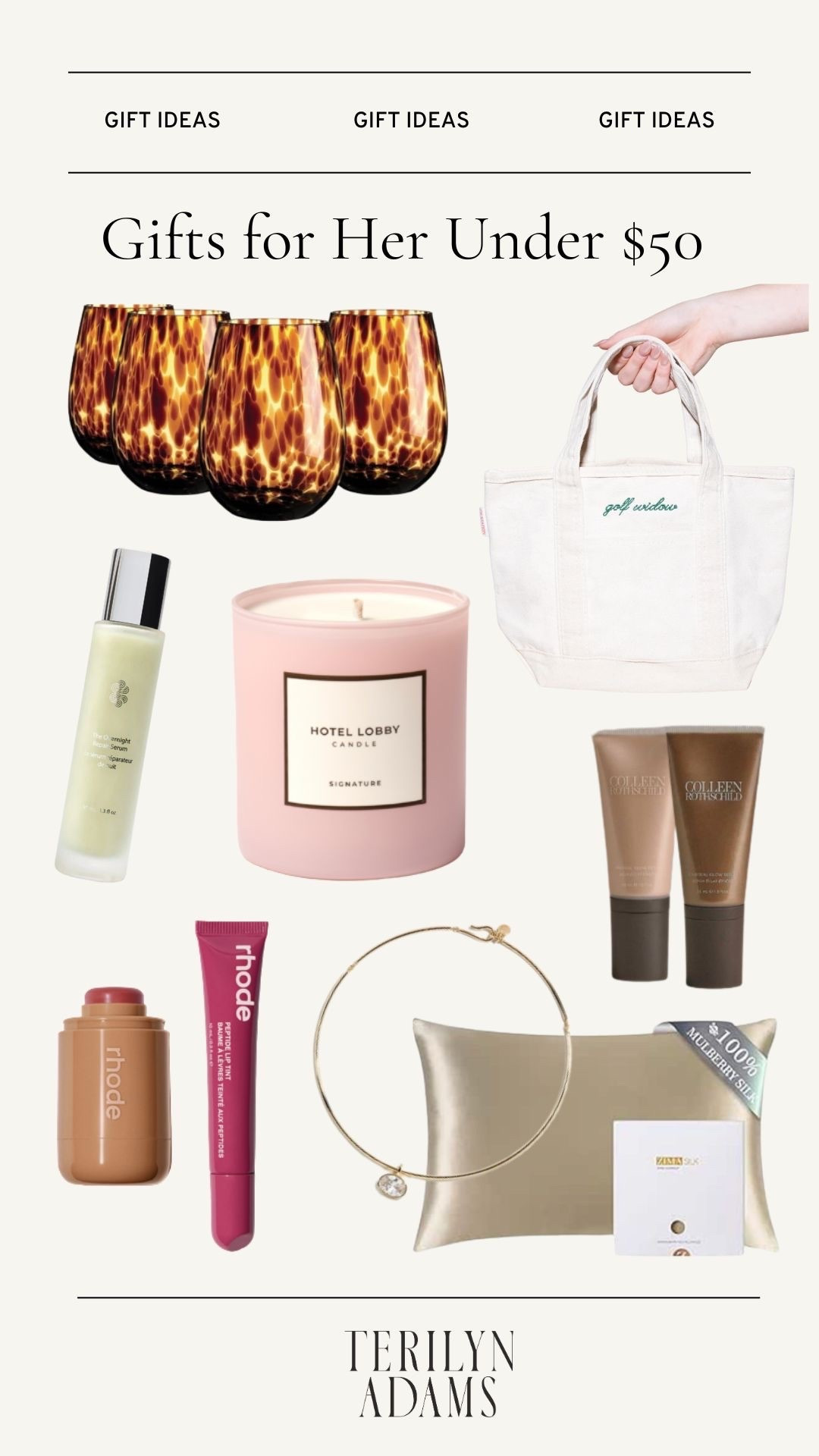 Gifts for her under $50
Crystal collar necklace 
Silk pillowcase 
Lip and cheek combo
Tortoise shell glass set 
Tinted glow serum 
Overnight hair repair serum
Candle 

#LTKGiftGuide #LTKHoliday