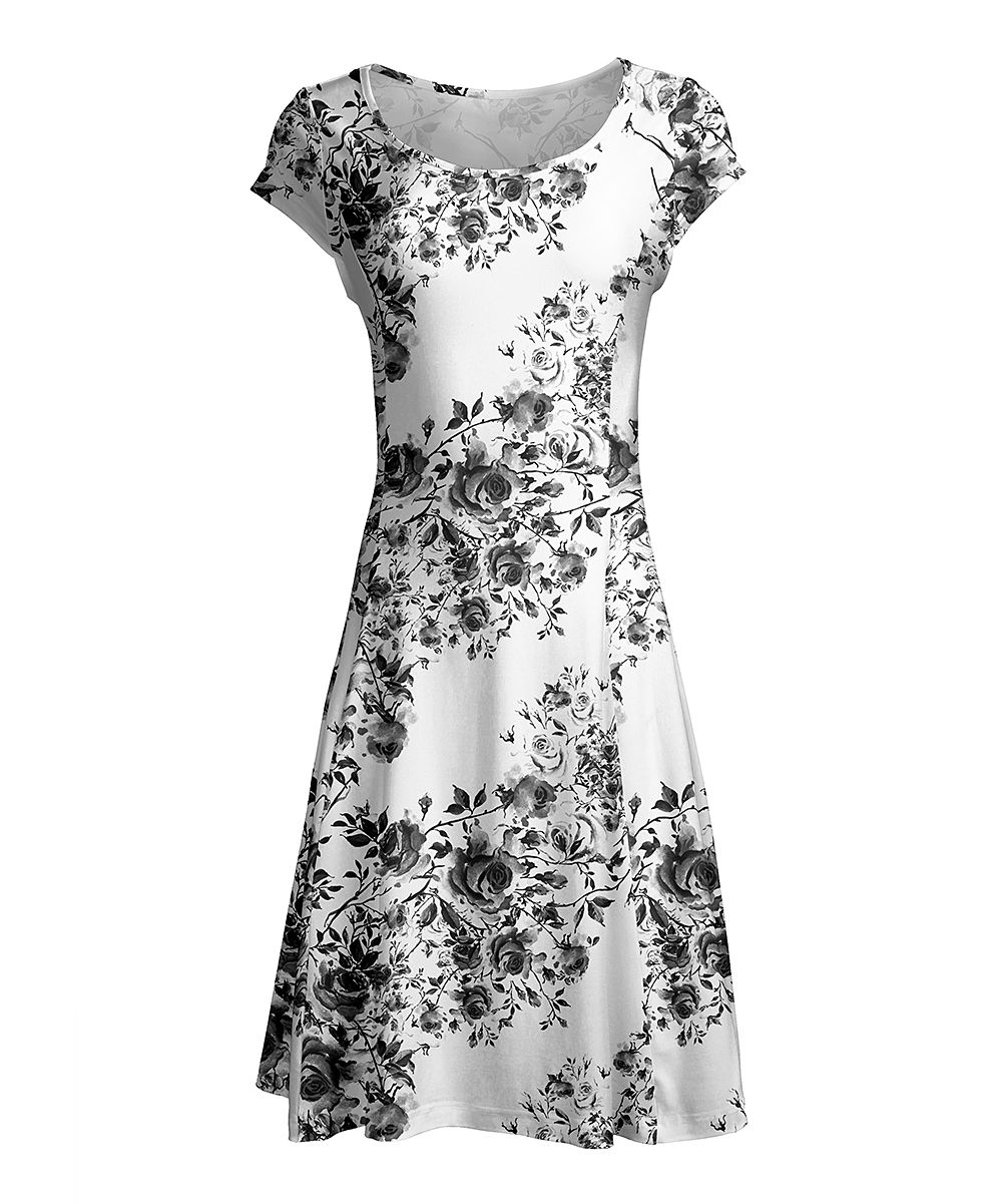 Lily Women's Casual Dresses BLK - Black & White Rose Cap-Sleeve Dress - Women | Zulily