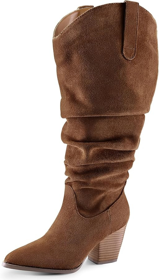 mysoft Women's Wide Calf Knee High Boots Cowgirl Low Chunky Stacked Heel Wide Width Pointed Toe S... | Amazon (US)