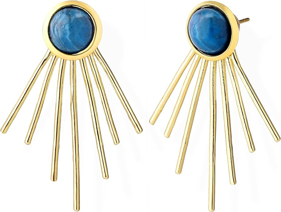Golden Sun Ray Jacket Earrings Sunburst Charm Round Stone Ear Studs Modern Celestial Statement Ea... | Amazon (US)
