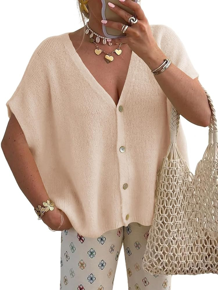 Saodimallsu Womens Summer Oversized Cardigans Batwing Short Sleeve Lightweight Button V Neck Casu... | Amazon (US)