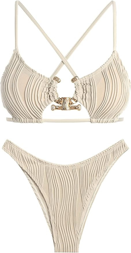 ZAFUL Women's Cutout Bikini Criss Cross Textured Metal High Leg Bikini Sets Cheeky Bikini Two Pie... | Amazon (US)