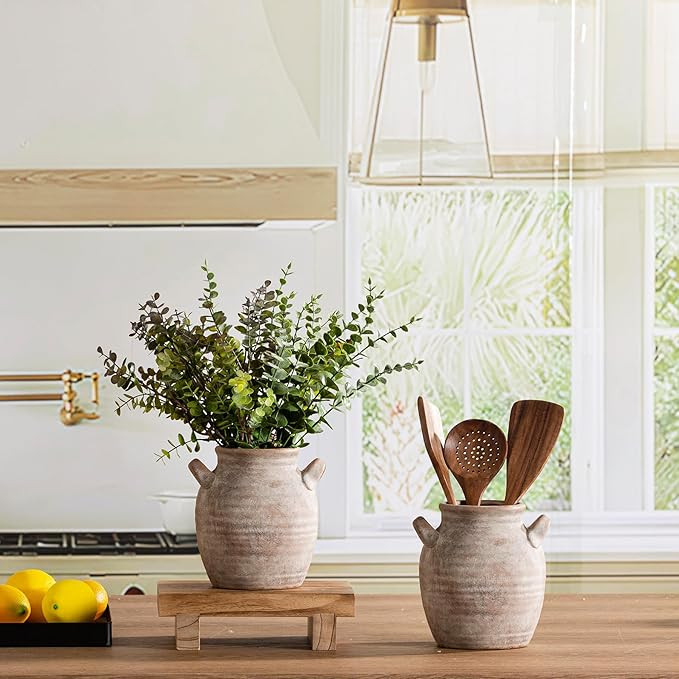 Ceramic Flower Vase Home Decor - Farmhouse Table Vases with Handle Living Room Decoration Vintage... | Amazon (US)