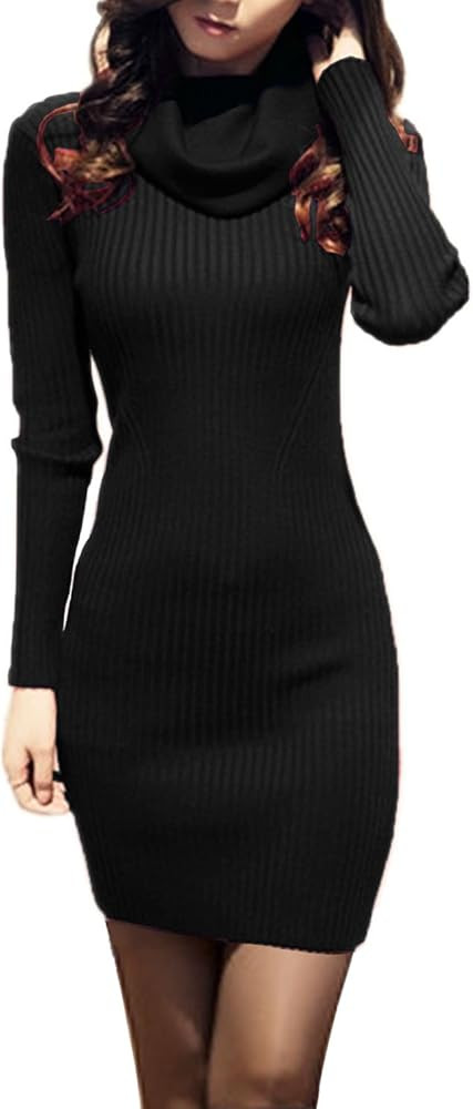 v28 Women Cowl Neck Knit Stretchable Elasticity Long Sleeve Slim Fit Sweater Dress | Amazon (US)
