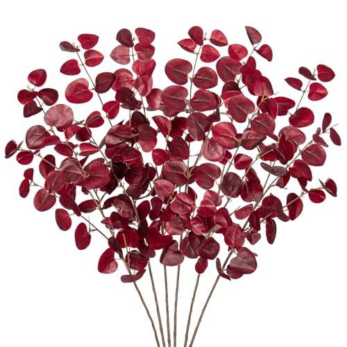 GnFlus 6pcs Fall Eucalyptus Stems 31" Tall Faux Eucalyptus Stems Realistic Silk Artificial Eucalyptus Leaves Fall Leaves Stems for Home Fireplace Table Centerpiece Fake Eucalyptus Branches Décor(Red) | Amazon (US)