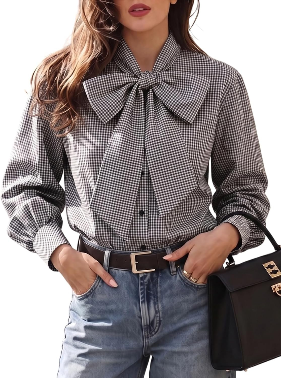 Women's Oversize Plaid Button Down Blouse Bow Tie Neck Long Sleeve Shirt Top | Amazon (US)