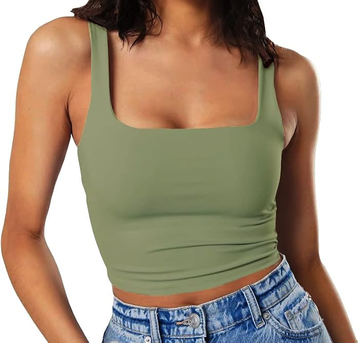 Artfish Women's Sleeveless Strappy Tank Square Neck Double Layer Workout Fitness Casual Basic Cro... | Amazon (US)