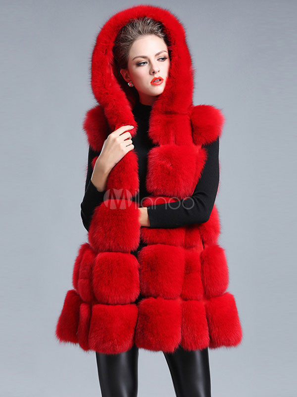 Faux Fur Vest Red Sleeveless Hooded Plaid Women's Winter Coat | Milanoo