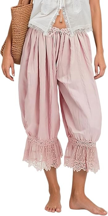 Bloomers Pants for Women Y2K Lace Trim Pants Vintage Pantaloons Cute Ruffled Pumpkin Long Pants C... | Amazon (US)