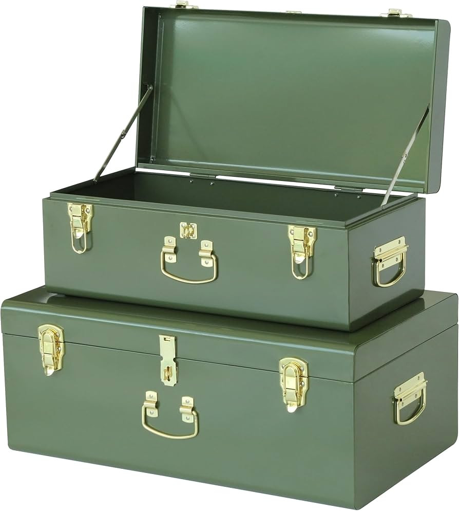 Vixdonos Metal Trunk Decorative Storage Box Set of 2 College Dorm Chest with Handle (Green) | Amazon (US)