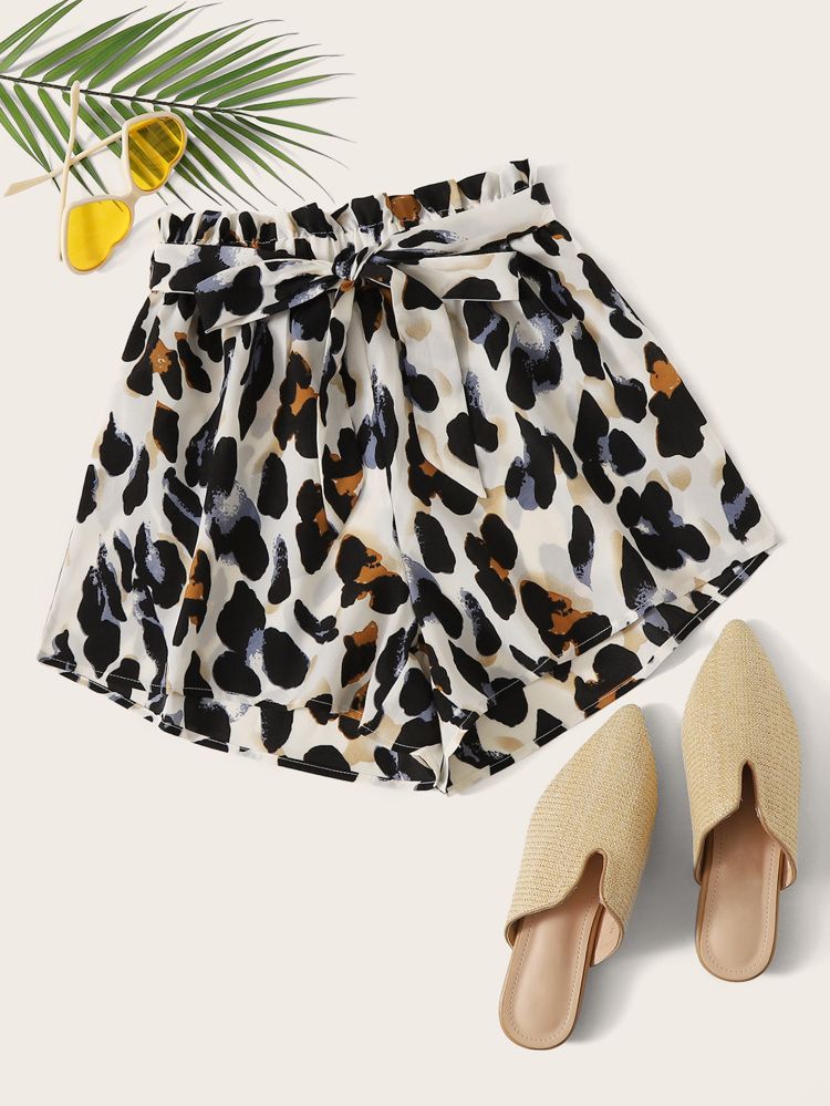 Leopard Belted Paperbag Shorts | SHEIN