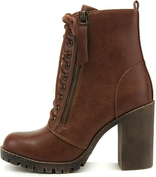 Soda Malia Round Toe Stacked Lug Heel Lace Up Ankle Booties | Amazon (US)