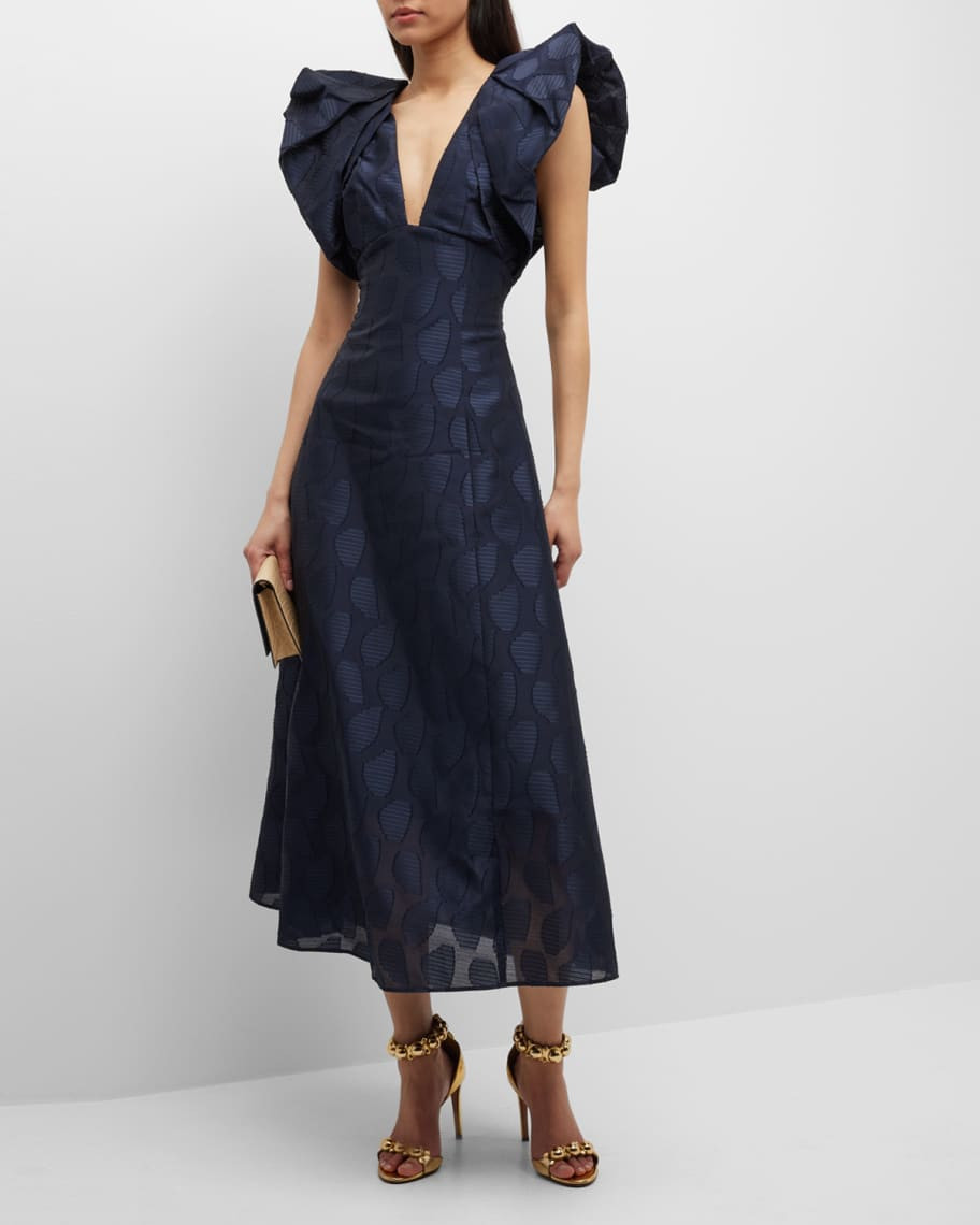 Acler Morin Puffed-Sleeve A-Line Midi Dress | Neiman Marcus