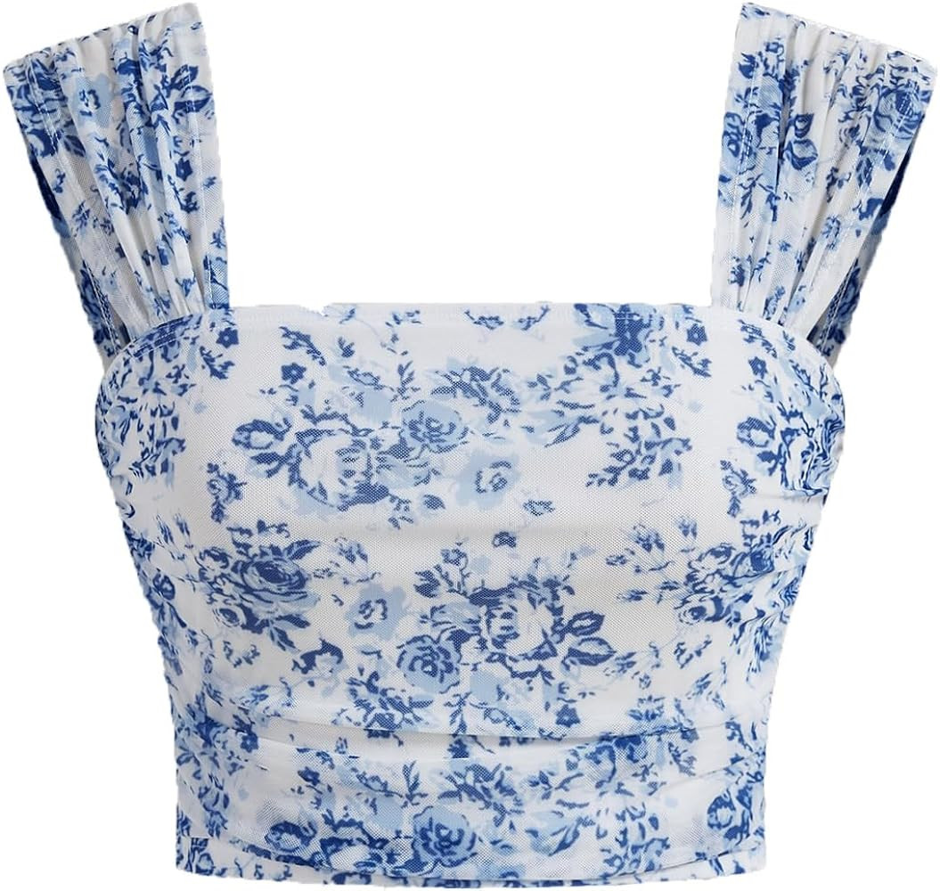 SHENHE Women's Floral Wide Strap Ruched Square Neck Cute Open Back Boho Crop Tank Top | Amazon (US)